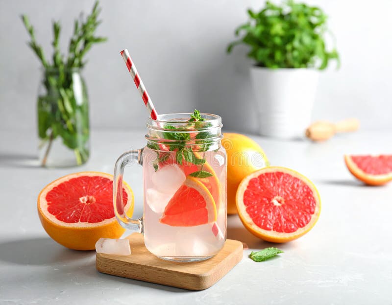 A mason jar filled with a pink beverage featuring slices of grapefruit (Citrus � paradisi) and mint (Mentha) leaves sits on a white countertop. Halved grapefruits and a small grapefruit wedge accompany the jar. Background elements include a blurred plant and kitchen items, with a window providing natural light. The scene suggests freshness and a casual, homey kitchen atmosphere. Composition with mason jar of infused water and grapefruits on table. Al Generated. Mason jar light illustrations