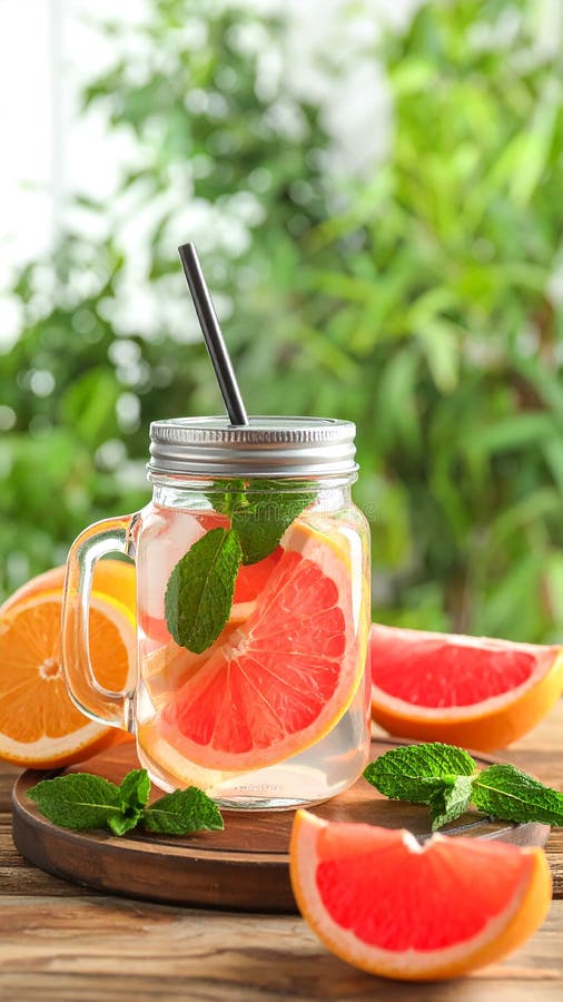 A mason jar filled with a pink beverage featuring slices of grapefruit (Citrus � paradisi) and mint (Mentha) leaves sits on a white countertop. Halved grapefruits and a small grapefruit wedge accompany the jar. Background elements include a blurred plant and kitchen items, with a window providing natural light. The scene suggests freshness and a casual, homey kitchen atmosphere. Composition with mason jar of infused water and grapefruits on table. Al Generated. Mason jar light illustrations