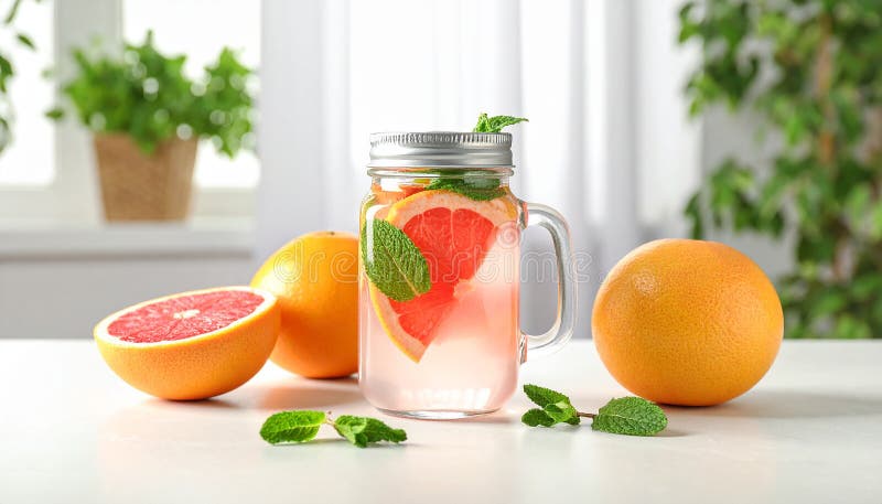 A mason jar filled with a pink beverage featuring slices of grapefruit (Citrus � paradisi) and mint (Mentha) leaves sits on a white countertop. Halved grapefruits and a small grapefruit wedge accompany the jar. Background elements include a blurred plant and kitchen items, with a window providing natural light. The scene suggests freshness and a casual, homey kitchen atmosphere. Composition with mason jar of infused water and grapefruits on table. Al Generated. Mason jar light illustrations