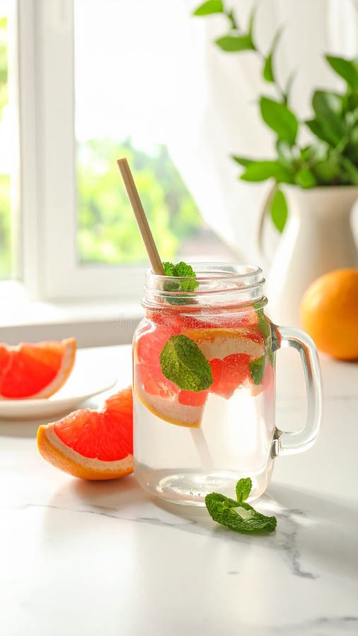 A mason jar filled with a pink beverage featuring slices of grapefruit (Citrus � paradisi) and mint (Mentha) leaves sits on a white countertop. Halved grapefruits and a small grapefruit wedge accompany the jar. Background elements include a blurred plant and kitchen items, with a window providing natural light. The scene suggests freshness and a casual, homey kitchen atmosphere. Composition with mason jar of infused water and grapefruits on table. Al Generated. Mason jar light illustrations