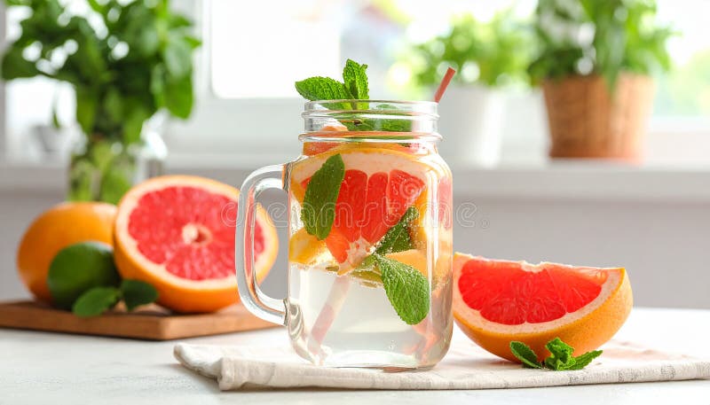 A mason jar filled with a pink beverage featuring slices of grapefruit (Citrus � paradisi) and mint (Mentha) leaves sits on a white countertop. Halved grapefruits and a small grapefruit wedge accompany the jar. Background elements include a blurred plant and kitchen items, with a window providing natural light. The scene suggests freshness and a casual, homey kitchen atmosphere. Composition with mason jar of infused water and grapefruits on table. Al Generated. Mason jar light illustrations