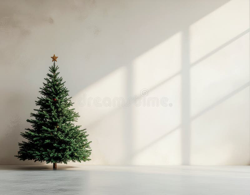 A Christmas tree stands indoors against a plain, light-colored wall. image stock illustration.
