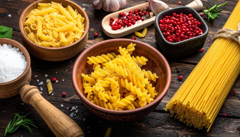 A rustic wooden table displays ingredients for pasta. royalty free illustration