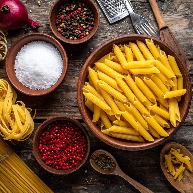 A rustic wooden table displays ingredients for pasta. vector illustration