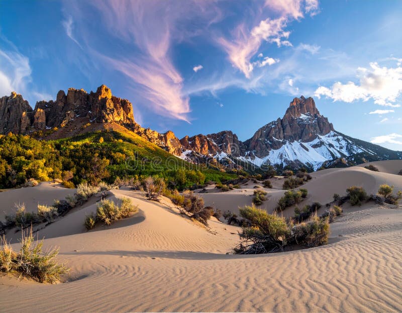 Stunning landscape featuring a desert foreground with sand dunes and sparse vegetation vector illustration