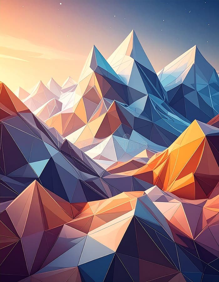 A low-poly digital rendering of mountains featuring angular, geometric shapes. The landscape displays a color palette of orange, brown, and blue hues, simulating sunlight and shadow effects across the faceted surfaces. The peaks vary in height and orientation, creating a visually dynamic composition. Sky is clear, casting natural light to enhance the three-dimensional appearance and depth. This stylized depiction resembles a modern art interpretation of a mountain range. Abstract Low-Poly background. triangulated texture. Design 3d. Polygonal geometrical. Al Generated. Polygonal mountains illustrations