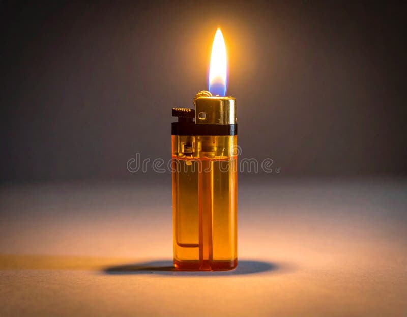 A close-up of an orange plastic lighter with a lit flame vector illustration