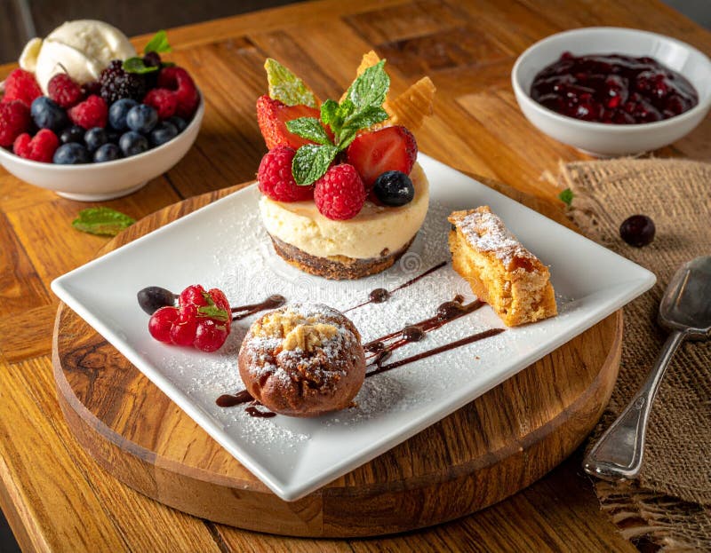 A rectangular white plate presents a variety of desserts a cheesecake adorned with fresh raspberries vector illustration