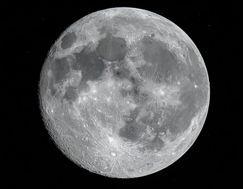 The image shows a detailed view of the Moon against a black background stock illustration