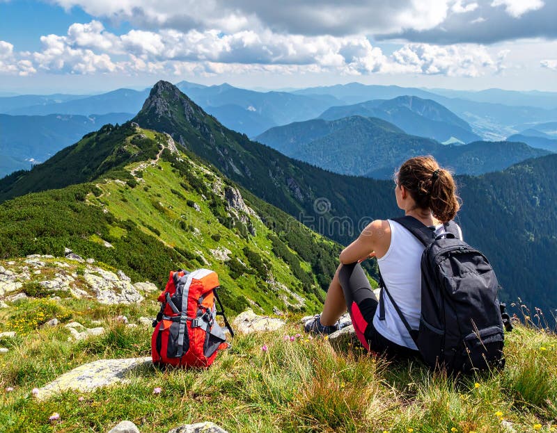 A woman in a pink tank top and cap sits on grassy terrain, overlooking a stunning mountainous landscape. The scene features undulating green hills interspersed with patches of darker vegetation, under a sky dotted with fluffy clouds. The panoramic view showcases layers of distant blue ridges, with valleys and forests extending into the horizon. The setting suggests a peaceful, natural environment, ideal for hiking and nature appreciation. Woman hiker sits and enjoys valley view from viewpoint. Hiker reached top of the moun. Al Generated. Overlooking nature view illustrations