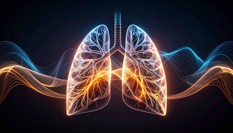 Glowing, stylized illustration of human lungs in a neon-like orange and yellow color scheme against a dark background. The bronchi and alveoli are highlighted in intricate detail, resembling a network of branching tubes. A bright wave-like strand flows horizontally across the image, adding a dynamic element. This representation emphasizes the complexity and structure of the respiratory system, showcasing the lungs' essential role in breathing and oxygen exchange. Abstract lung lighting behind wavy lines of light. Al Generated. Oxygen neon illustrations