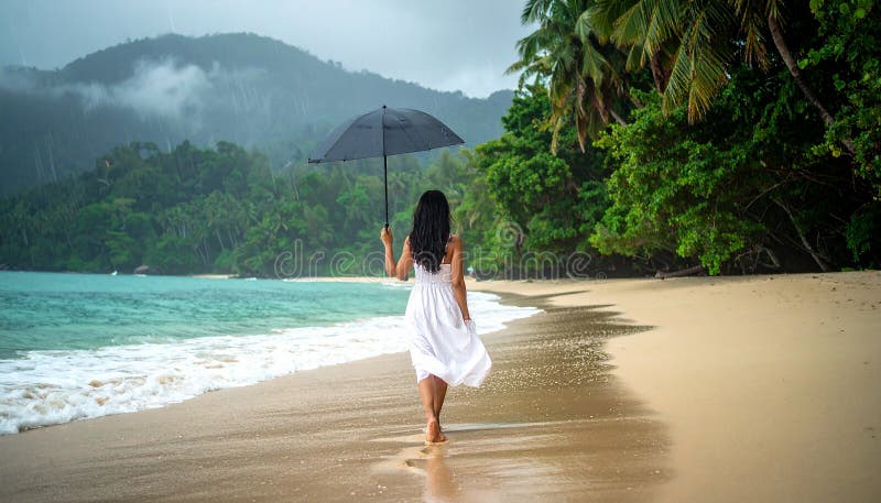 A woman walks along a tropical beach holding a lavender umbrella, wearing short denim shorts and a bikini top. The shoreline curves gently alongside lush green foliage and palm trees, creating a vibrant backdrop. The ocean's waves are visible to the left, and the scene suggests a light rain or mist, contributing to a serene and tranquil atmosphere. The surrounding environment indicates a humid, coastal location with a dense, natural landscape. Back view, Asian woman walking from the ocean into jungle, Thailand. Rainny season. Al Generated. Short denim illustrations