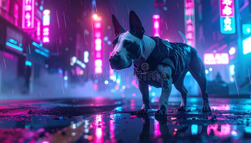 Cyberpunk photo of bullterrier stock illustration