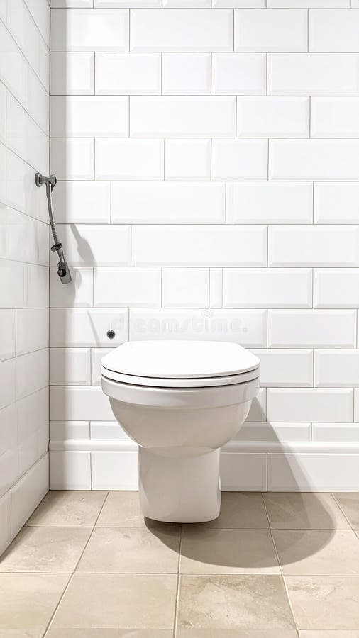 In the restroom, a ceramic toilet next to the white brick wall. stock illustration