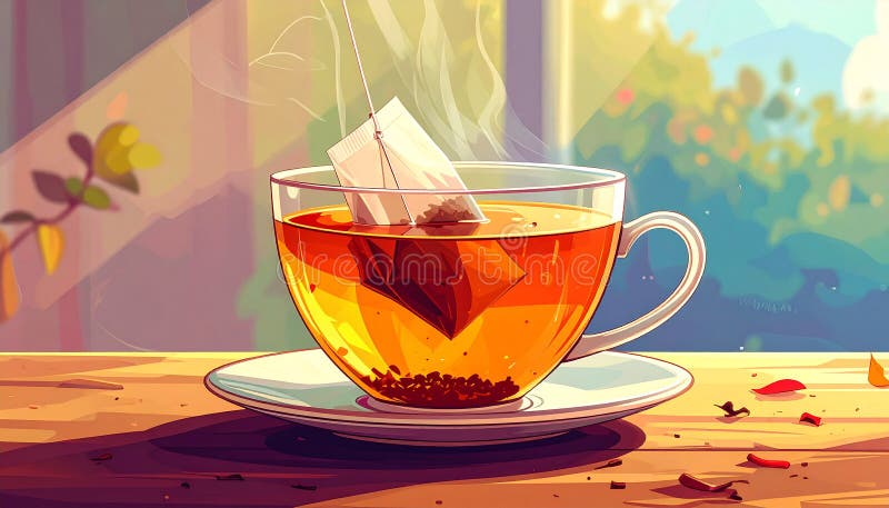 A teacup sits on a saucer, filled with steaming tea. A tea bag is being placed into the cup, its string hanging over the side. Sunlight filters through a window, casting a warm glow across the scene. The cup and saucer are a subtle blue, resting on a wooden surface. In the background, blurred leaves suggest a natural, tranquil setting. The overall atmosphere is serene and inviting, with soft lighting and gentle shadows highlighting the scene. Cartoon artistic image of tea bag in teacup. Al Generated. Tea bag hanging illustrations
