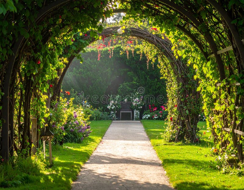 A beautifully arranged garden setting features two floral arches adorned with vibrant roses in shades of pink and white. Stone pathways lead to the arches, surrounded by lush greenery and meticulously trimmed hedges. The setup includes wooden chairs on either side of the path, suggesting a ceremonial or wedding arrangement. The backdrop includes various trees and colorful flowering plants under a partly cloudy sky, creating a serene and picturesque outdoor environment. Garden , Arch , Wedding. Al Generated. Wedding courtyard illustrations