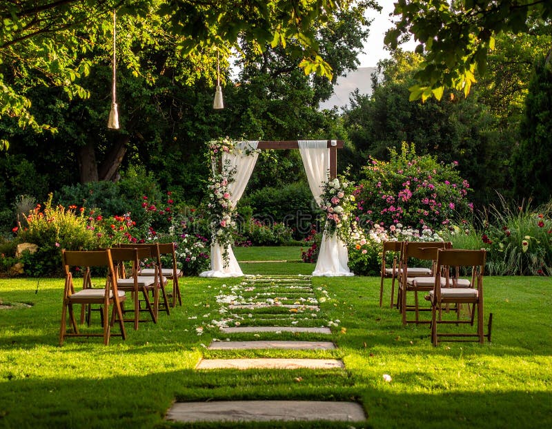 A beautifully arranged garden setting features two floral arches adorned with vibrant roses in shades of pink and white. Stone pathways lead to the arches, surrounded by lush greenery and meticulously trimmed hedges. The setup includes wooden chairs on either side of the path, suggesting a ceremonial or wedding arrangement. The backdrop includes various trees and colorful flowering plants under a partly cloudy sky, creating a serene and picturesque outdoor environment. Garden , Arch , Wedding. Al Generated. Wedding courtyard illustrations