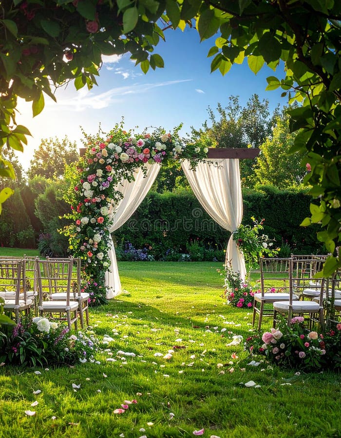 A beautifully arranged garden setting features two floral arches adorned with vibrant roses in shades of pink and white. Stone pathways lead to the arches, surrounded by lush greenery and meticulously trimmed hedges. The setup includes wooden chairs on either side of the path, suggesting a ceremonial or wedding arrangement. The backdrop includes various trees and colorful flowering plants under a partly cloudy sky, creating a serene and picturesque outdoor environment. Garden , Arch , Wedding. Al Generated. Wedding courtyard illustrations