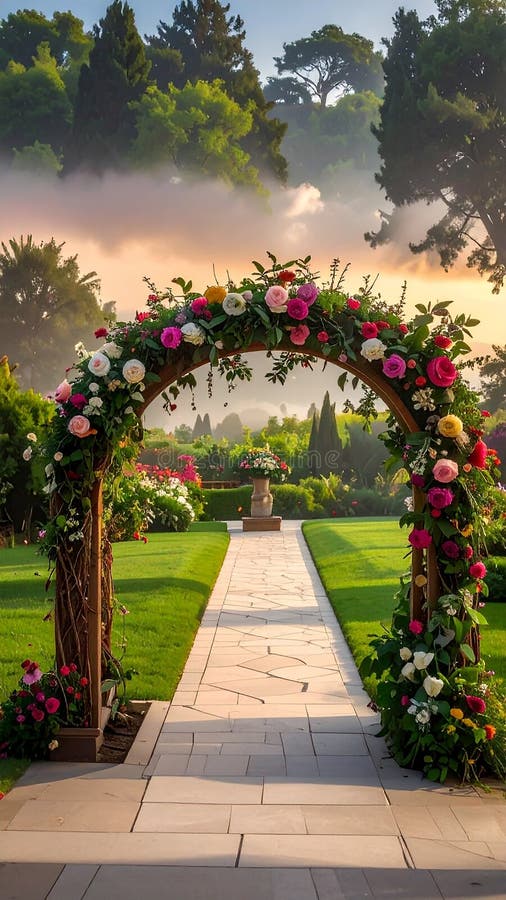 A beautifully arranged garden setting features two floral arches adorned with vibrant roses in shades of pink and white. Stone pathways lead to the arches, surrounded by lush greenery and meticulously trimmed hedges. The setup includes wooden chairs on either side of the path, suggesting a ceremonial or wedding arrangement. The backdrop includes various trees and colorful flowering plants under a partly cloudy sky, creating a serene and picturesque outdoor environment. Garden , Arch , Wedding. Al Generated. Wedding courtyard illustrations