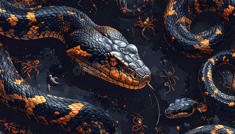 A detailed illustration depicts several snakes with dark scales and orange patterns, intertwined on a dark background. The central snake appears to have a raised head, displaying its ominous fangs. A scorpion is visible among the snakes, adding to the scene's intensity. The snakes' scales are textured and glossy, capturing the light, while their curved bodies create a sense of movement and tension throughout the composition. The artwork emphasizes the reptiles' natural patterns vividly. Realistic scary dangerous snakes and scorpions, on dark background, seamless pattern. Al Generated. Scorpion realistic illustrations
