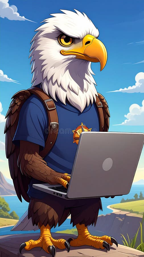 Anthropomorphic eagle in a blue shirt with a yellow star, sitting at a wooden table using a laptop. The eagle has white feathers, a prominent orange beak, and expressive eyes. The shirt has a military-style insignia on the sleeve. The background is a gradient of blue, suggesting a digital or animated setting. A cartoon war eagle with a laptop and a navy blue tshirt. Al Generated. Eagle head animated illustrations