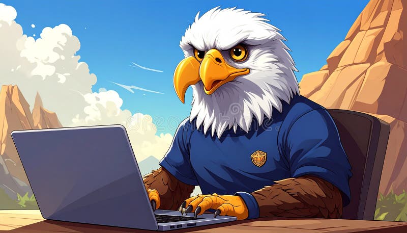 Anthropomorphic eagle in a blue shirt with a yellow star, sitting at a wooden table using a laptop. The eagle has white feathers, a prominent orange beak, and expressive eyes. The shirt has a military-style insignia on the sleeve. The background is a gradient of blue, suggesting a digital or animated setting. A cartoon war eagle with a laptop and a navy blue tshirt. Al Generated. Eagle head animated illustrations