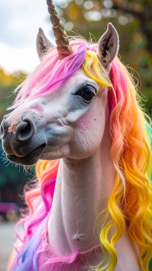 A digitally created image of a unicorn with a golden horn, featuring a mane in vibrant shades of pink, orange, blue, and yellow. Set against a pastoral landscape during sunset, fields of flowers are visible in the background, under a sky with soft clouds. The unicorn's expression is serene, capturing a sense of whimsy and fantasy. Close up photo of unicorn epic colorful children. Al Generated. Soft pink mane illustrations