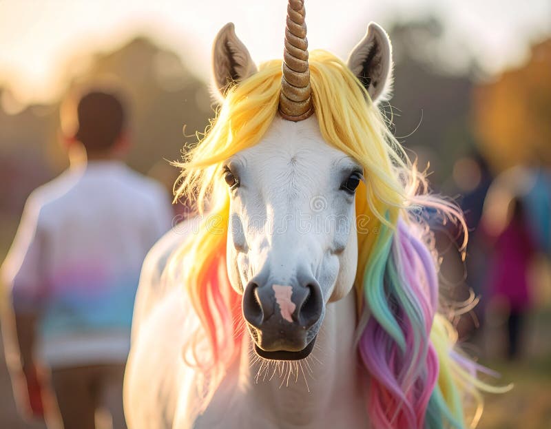 A digitally created image of a unicorn with a golden horn, featuring a mane in vibrant shades of pink, orange, blue, and yellow. Set against a pastoral landscape during sunset, fields of flowers are visible in the background, under a sky with soft clouds. The unicorn's expression is serene, capturing a sense of whimsy and fantasy. Close up photo of unicorn epic colorful children. Al Generated. Soft pink mane illustrations
