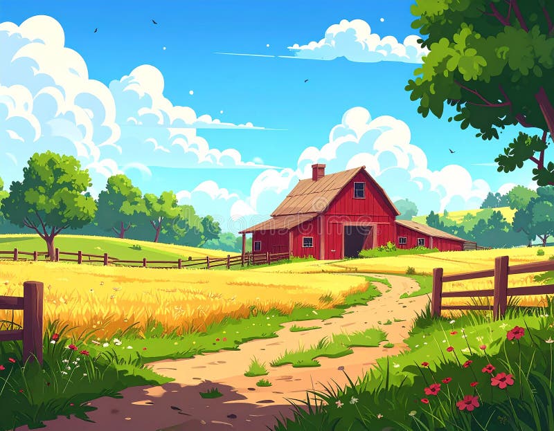 A vibrant illustration of a rural setting featuring a classic red barn with a sloped metal roof and a small dormer window. The barn is surrounded by lush green trees and a wooden fence. A dirt path leads to the barn, winding through grassy fields dotted with wildflowers. Birds are flying in a clear blue sky with fluffy clouds, creating a serene and picturesque countryside scene. Farm, No Animal, Cartoon. Al Generated. Winding path cartoon illustrations