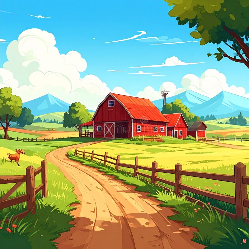 A vibrant illustration of a rural setting featuring a classic red barn with a sloped metal roof and a small dormer window. The barn is surrounded by lush green trees and a wooden fence. A dirt path leads to the barn, winding through grassy fields dotted with wildflowers. Birds are flying in a clear blue sky with fluffy clouds, creating a serene and picturesque countryside scene. Farm, No Animal, Cartoon. Al Generated. Winding path cartoon illustrations
