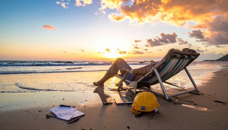 Someone relaxing on the beach with work surrounding them royalty free illustration