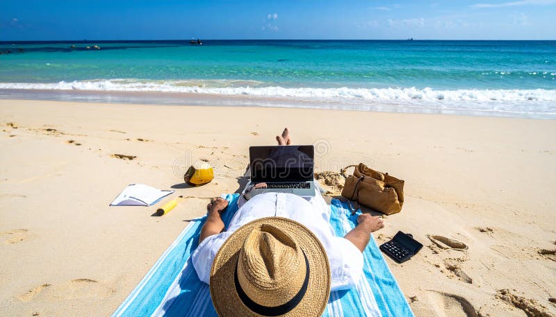 Someone relaxing on the beach with work surrounding them royalty free illustration