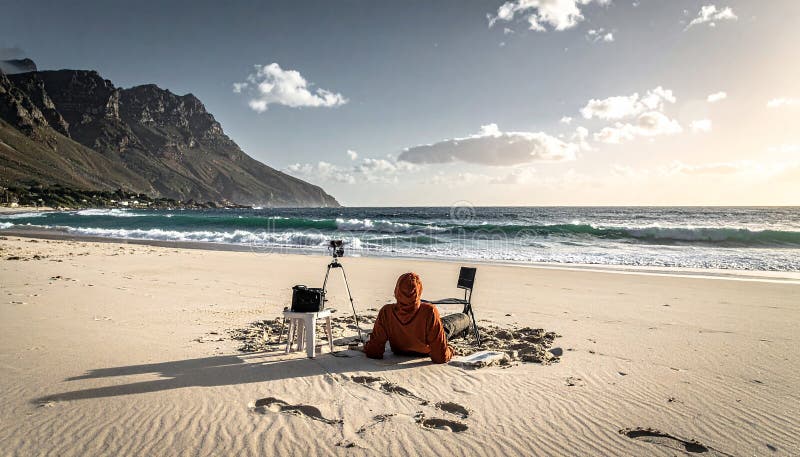 Someone relaxing on the beach with work surrounding them royalty free illustration