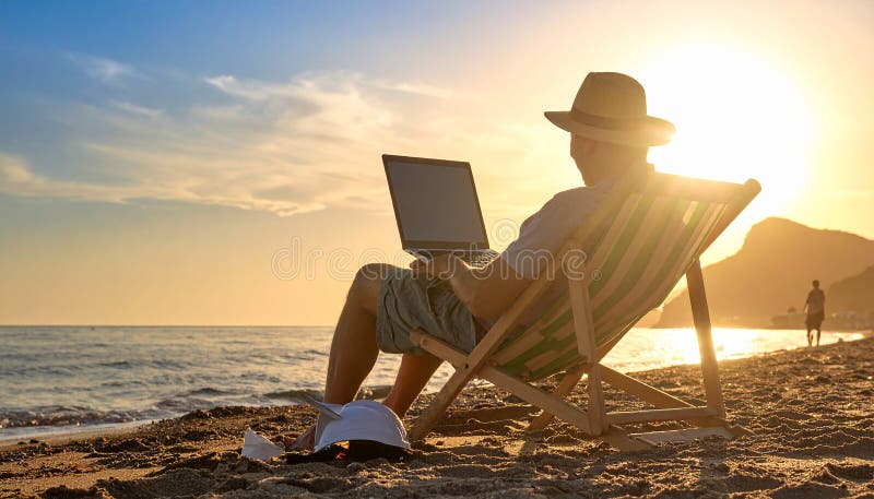 Someone relaxing on the beach with work surrounding them vector illustration