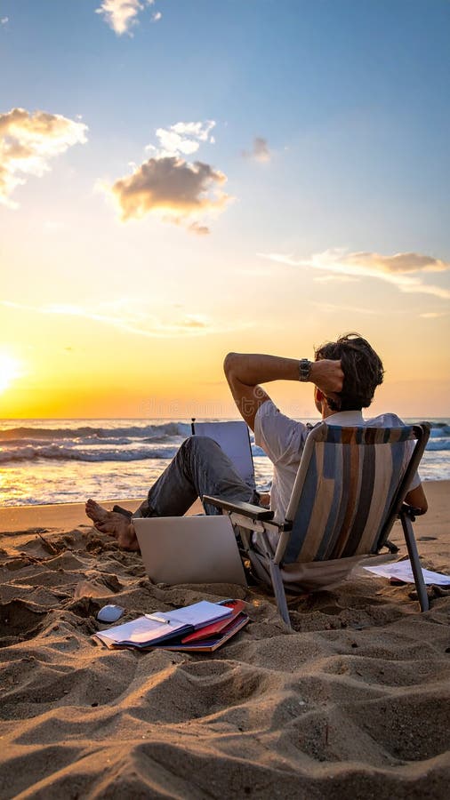 Someone relaxing on the beach with work surrounding them royalty free illustration