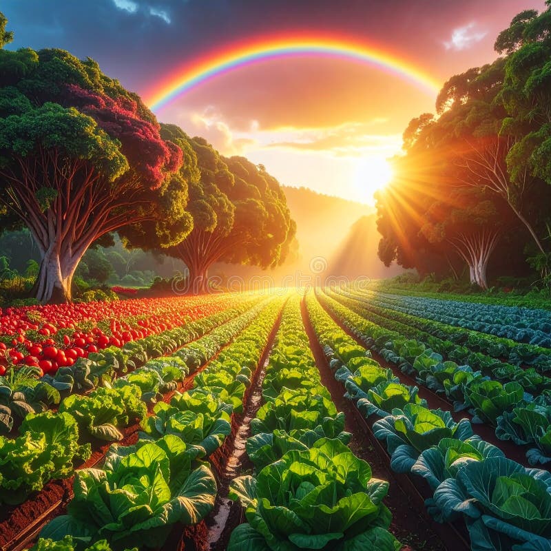 A vibrant, fantastical scene features a large tree with multicolored foliage ranging from green to red and purple. It stands in a well-tended garden with rows of colorful produce, including red and orange tomatoes, green cabbages, and purple kale. The setting sun casts a warm glow across the landscape, highlighting the vivid colors of the plants and the textured bark of the tree. The sky is a blend of orange, pink, and purple hues, adding a magical atmosphere to the rural setting. rainbow tree forest full of vegetables, dramatic sunset side light, realistic photo. Al Generated. Realistic tomatoes illustrations