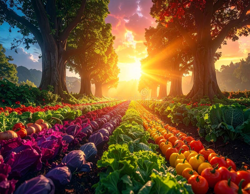 A vibrant, fantastical scene features a large tree with multicolored foliage ranging from green to red and purple. It stands in a well-tended garden with rows of colorful produce, including red and orange tomatoes, green cabbages, and purple kale. The setting sun casts a warm glow across the landscape, highlighting the vivid colors of the plants and the textured bark of the tree. The sky is a blend of orange, pink, and purple hues, adding a magical atmosphere to the rural setting. rainbow tree forest full of vegetables, dramatic sunset side light, realistic photo. Al Generated. Realistic tomatoes illustrations