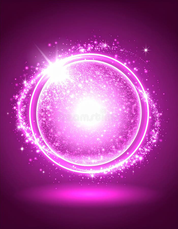 Pink floating glowing ball with a glowing ring of tiffany blue glitter around vector illustration