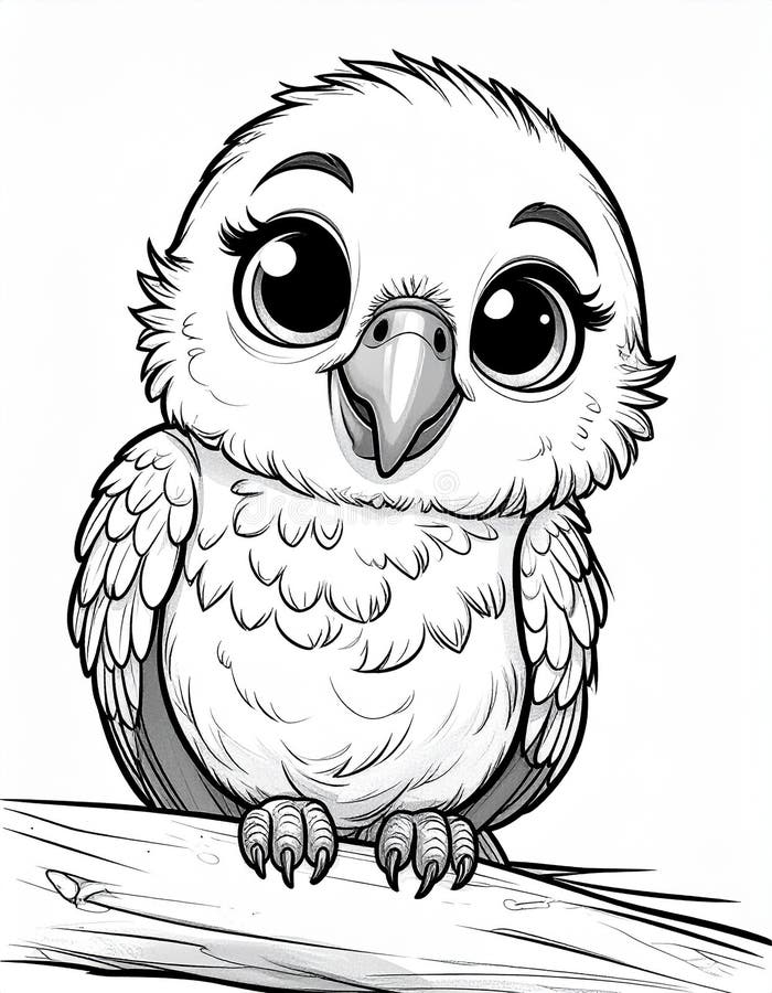 A black-and-white illustration of a cartoon bird with exaggerated features, including large, expressive eyes and a small, curved beak. The bird is drawn in a cute, chibi style, with fluffy feathers and small wings. Its talons are visible, and it stands facing forward, giving it an endearing appearance. The image is simple, with clean lines and minimal shading, creating a friendly and approachable character. Drawing, cartoon baby parrot, no colors, large eyes, with three small eyelashesDrawing, cartoon baby parrot, no colors, large eyes, with three small eyelashes. Al Generated. Large simple eyes illustrations