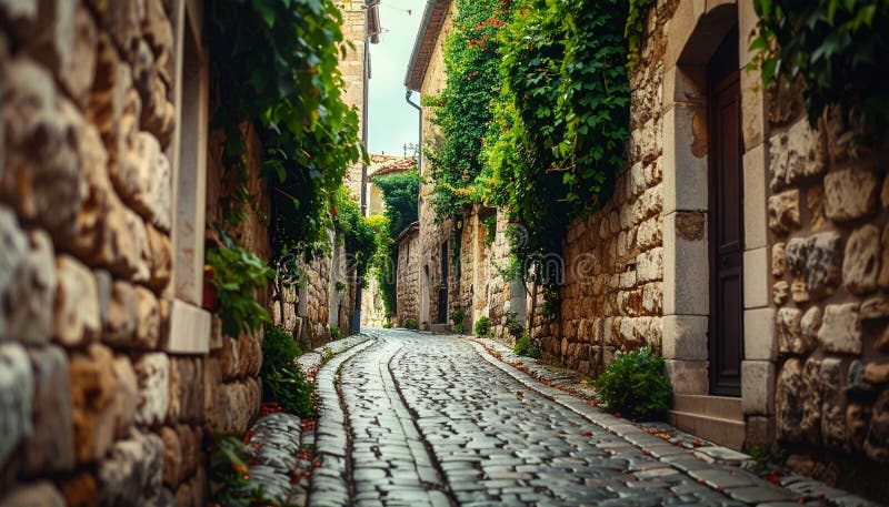 Charming Cobblestone Alleyway Lined with Ancient Stone Walls and Lush Greenery stock illustration