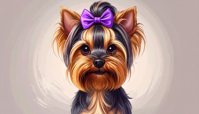 A digitally created image of a Yorkshire Terrier (Canis lupus familiaris) with a light brown and black coat. The dog has a distinctive topknot tied with a purple bow, framing its small face. The background is a soft, light color with textured brushstrokes, highlighting the dog's expressive eyes and tongue out in a playful, cheerful demeanor. The style is realistic, with detailed fur rendering, capturing the breed's characteristic appearance. Realistic drawing of yorkshire terrier adult dog, high detail, full body, long topkno. Al Generated. Fur rendering illustrations
