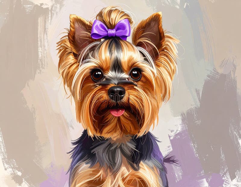 A digitally created image of a Yorkshire Terrier (Canis lupus familiaris) with a light brown and black coat. The dog has a distinctive topknot tied with a purple bow, framing its small face. The background is a soft, light color with textured brushstrokes, highlighting the dog's expressive eyes and tongue out in a playful, cheerful demeanor. The style is realistic, with detailed fur rendering, capturing the breed's characteristic appearance. Realistic drawing of yorkshire terrier adult dog, high detail, full body, long topkno. Al Generated. Fur rendering illustrations