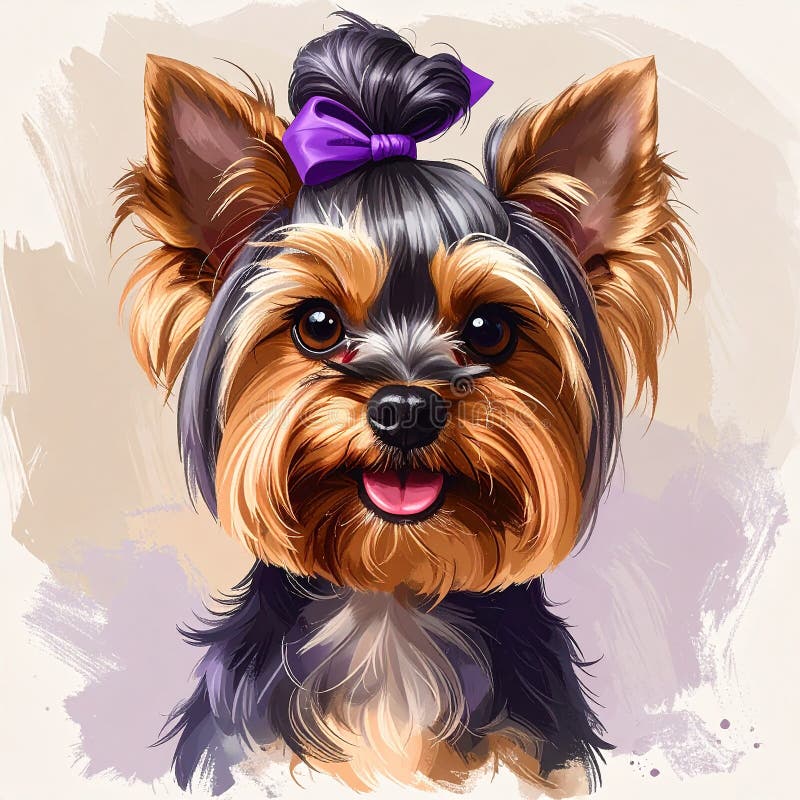 A digitally created image of a Yorkshire Terrier (Canis lupus familiaris) with a light brown and black coat. The dog has a distinctive topknot tied with a purple bow, framing its small face. The background is a soft, light color with textured brushstrokes, highlighting the dog's expressive eyes and tongue out in a playful, cheerful demeanor. The style is realistic, with detailed fur rendering, capturing the breed's characteristic appearance. Realistic drawing of yorkshire terrier adult dog, high detail, full body, long topkno. Al Generated. Fur rendering illustrations