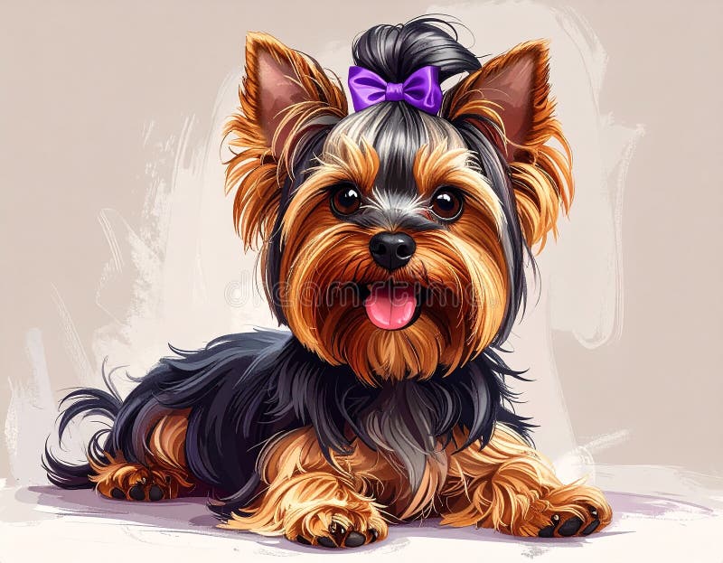 A digitally created image of a Yorkshire Terrier (Canis lupus familiaris) with a light brown and black coat. The dog has a distinctive topknot tied with a purple bow, framing its small face. The background is a soft, light color with textured brushstrokes, highlighting the dog's expressive eyes and tongue out in a playful, cheerful demeanor. The style is realistic, with detailed fur rendering, capturing the breed's characteristic appearance. Realistic drawing of yorkshire terrier adult dog, high detail, full body, long topkno. Al Generated. Fur rendering illustrations