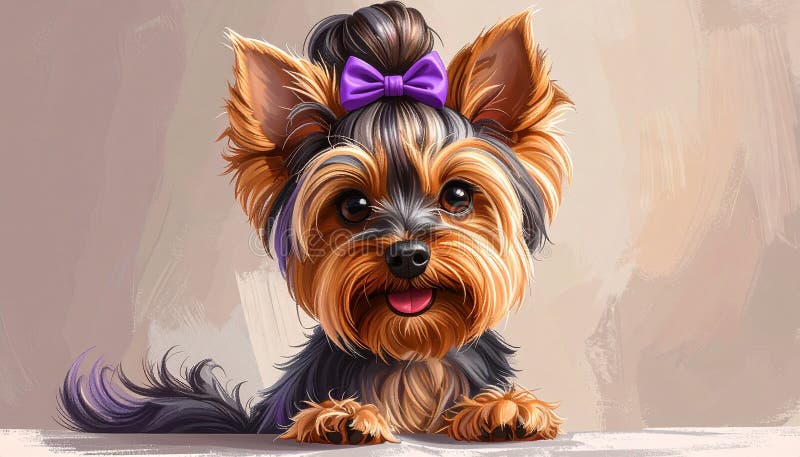 A digitally created image of a Yorkshire Terrier (Canis lupus familiaris) with a light brown and black coat. The dog has a distinctive topknot tied with a purple bow, framing its small face. The background is a soft, light color with textured brushstrokes, highlighting the dog's expressive eyes and tongue out in a playful, cheerful demeanor. The style is realistic, with detailed fur rendering, capturing the breed's characteristic appearance. Realistic drawing of yorkshire terrier adult dog, high detail, full body, long topkno. Al Generated. Fur rendering illustrations