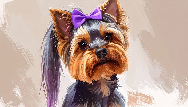 A digitally created image of a Yorkshire Terrier (Canis lupus familiaris) with a light brown and black coat. The dog has a distinctive topknot tied with a purple bow, framing its small face. The background is a soft, light color with textured brushstrokes, highlighting the dog's expressive eyes and tongue out in a playful, cheerful demeanor. The style is realistic, with detailed fur rendering, capturing the breed's characteristic appearance. Realistic drawing of yorkshire terrier adult dog, high detail, full body, long topkno. Al Generated. Fur rendering illustrations