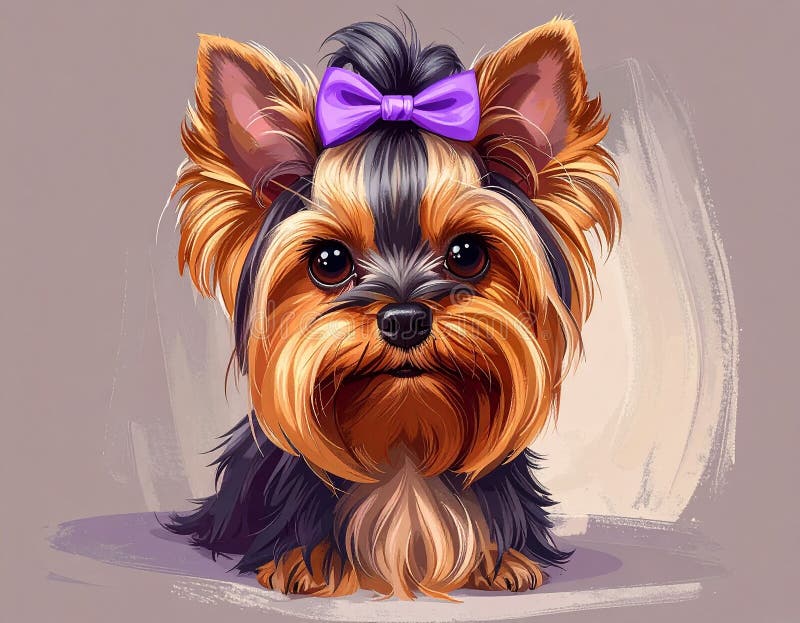 A digitally created image of a Yorkshire Terrier (Canis lupus familiaris) with a light brown and black coat. The dog has a distinctive topknot tied with a purple bow, framing its small face. The background is a soft, light color with textured brushstrokes, highlighting the dog's expressive eyes and tongue out in a playful, cheerful demeanor. The style is realistic, with detailed fur rendering, capturing the breed's characteristic appearance. Realistic drawing of yorkshire terrier adult dog, high detail, full body, long topkno. Al Generated. Fur rendering illustrations