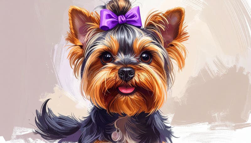A digitally created image of a Yorkshire Terrier (Canis lupus familiaris) with a light brown and black coat. The dog has a distinctive topknot tied with a purple bow, framing its small face. The background is a soft, light color with textured brushstrokes, highlighting the dog's expressive eyes and tongue out in a playful, cheerful demeanor. The style is realistic, with detailed fur rendering, capturing the breed's characteristic appearance. Realistic drawing of yorkshire terrier adult dog, high detail, full body, long topkno. Al Generated. Fur rendering illustrations