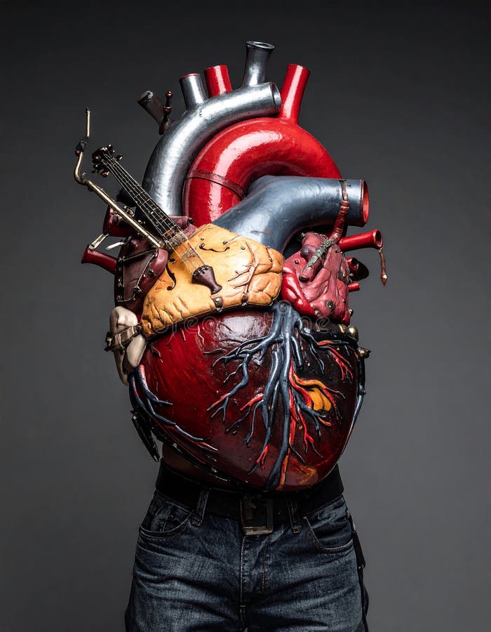 Cyberpunk photo of human heart composed of musical instruments, shapes copy parts royalty free illustration