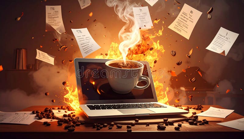 A large, steaming coffee cup dominates the scene, resting on an open laptop with flames emerging from the device. Floating papers fill the air, suggesting a chaotic atmosphere. Coffee beans are scattered around the wooden table, adding to the cluttered environment. The background features bookshelves with dim lighting, and the warm, fiery glow contrasts with darker shadows. The overall scene evokes a sense of urgency and intensity, blending everyday elements with surreal, fantastical elements. In a surrealist whirlwind, a coffee cup defies gravity, spinning in a tranquil dance. Al Generated. Laptop fire flames illustrations